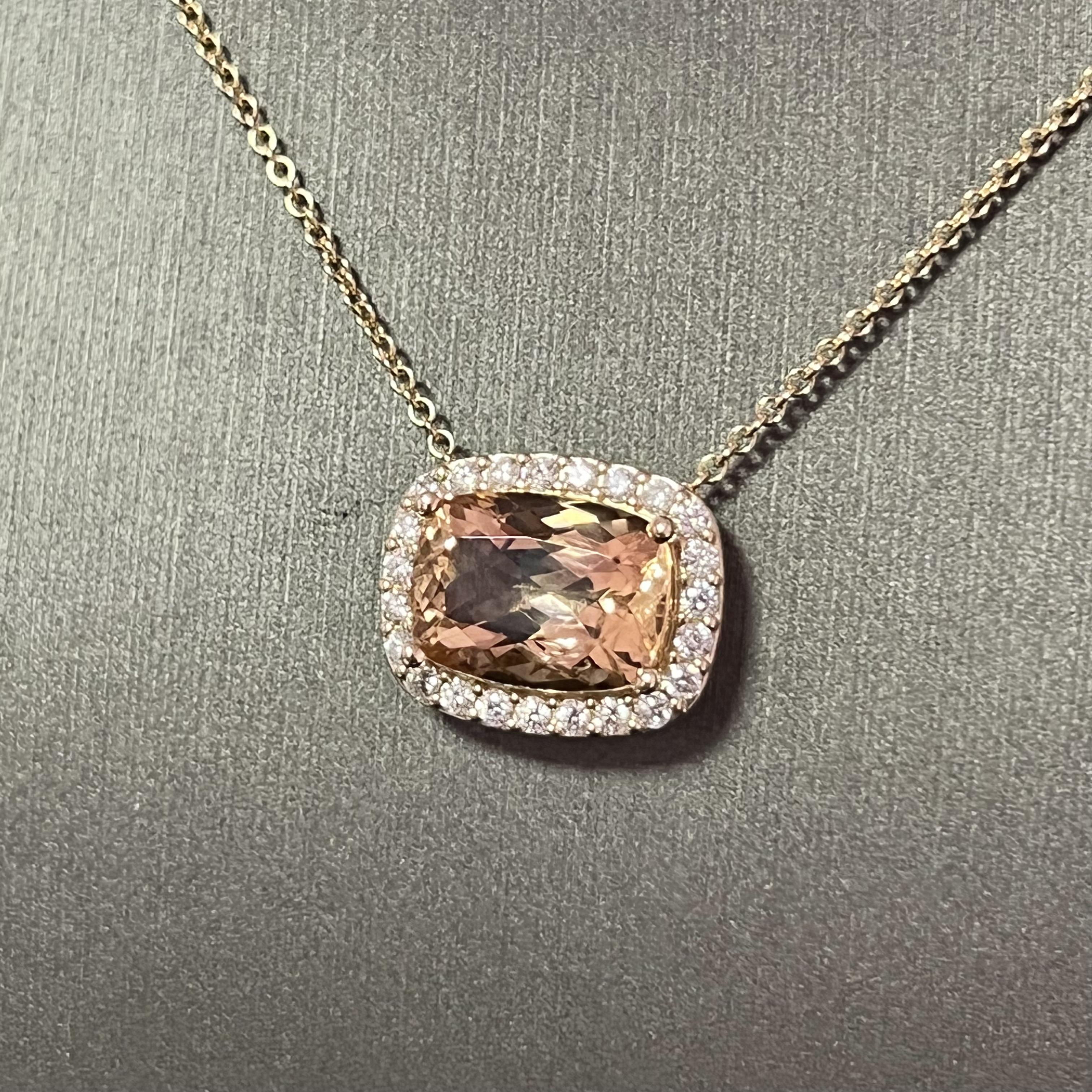 Diamond Morganite Pendant Necklace 14k Gold 7.35 TCW Certified For Sale 5