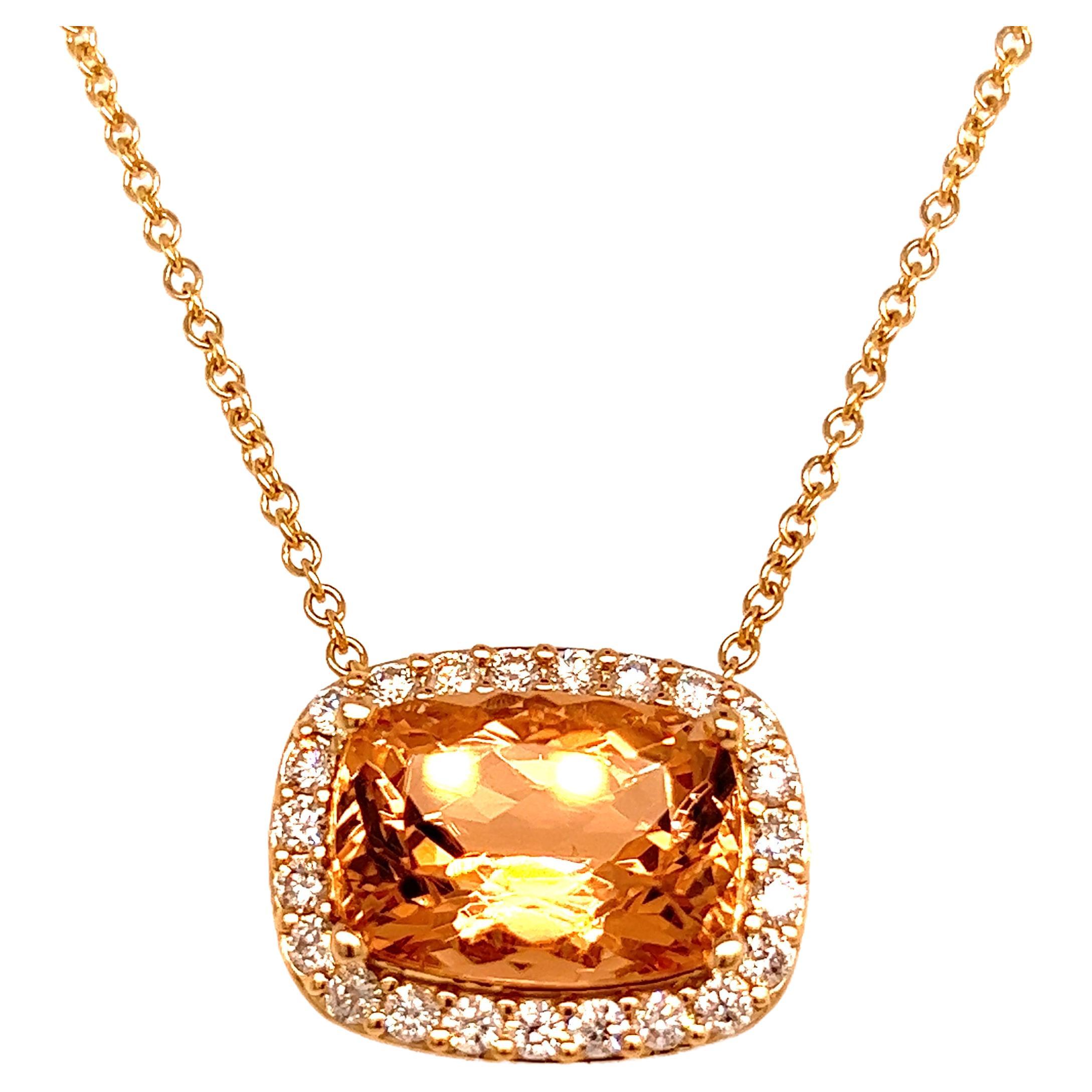Diamond Morganite Pendant Necklace 14k Gold 7.35 TCW Certified For Sale