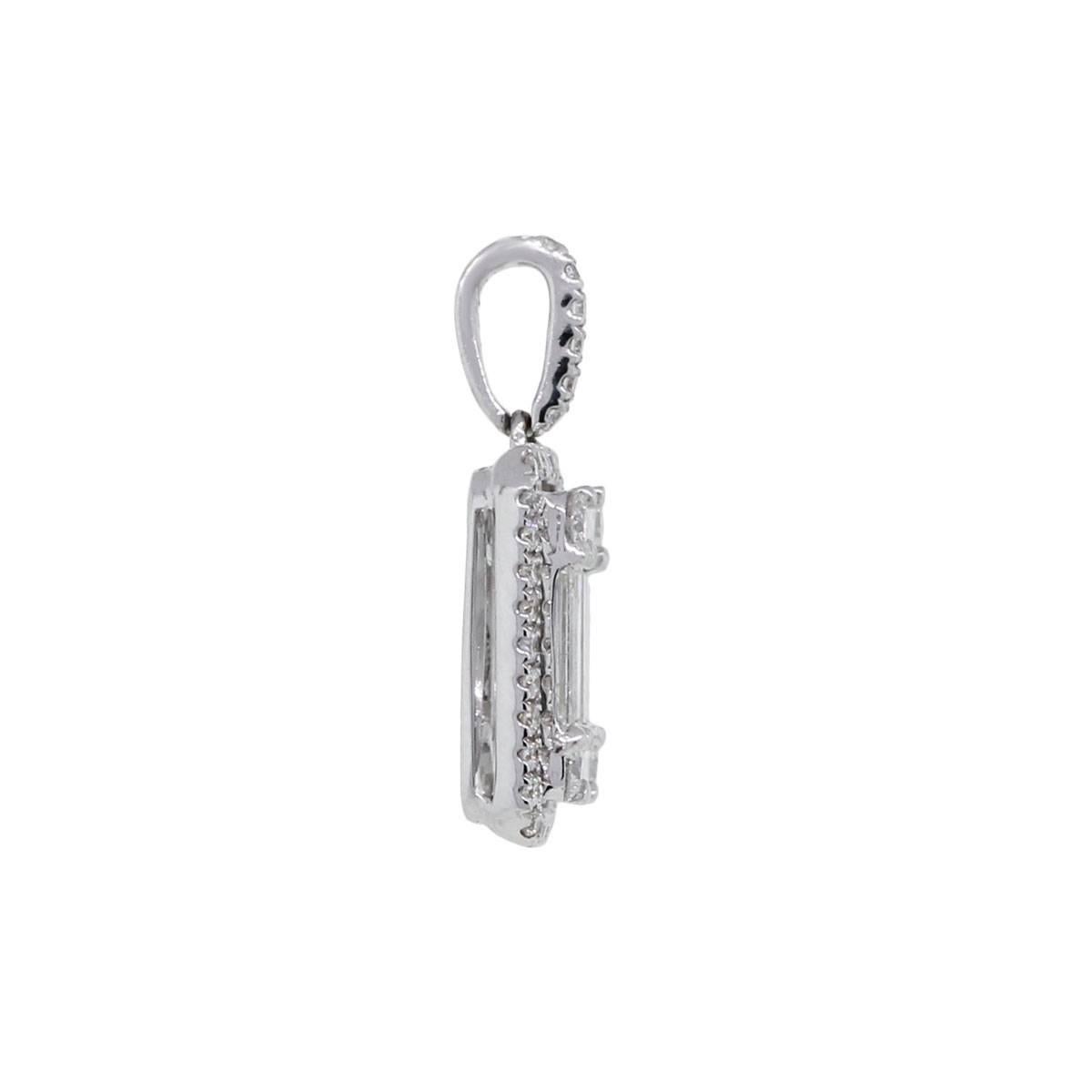 Material: 18k white gold
Diamond Details: Approximately 0.46ctw of baguette shape diamonds and 0.24ctw of round brilliant diamonds. Diamonds are F/G in color, SI in clarity
Pendant Measurements: 0.70″ x 0.16″ x 0.40″
Total Weight: 1.8g (1.1dwt)
SKU: