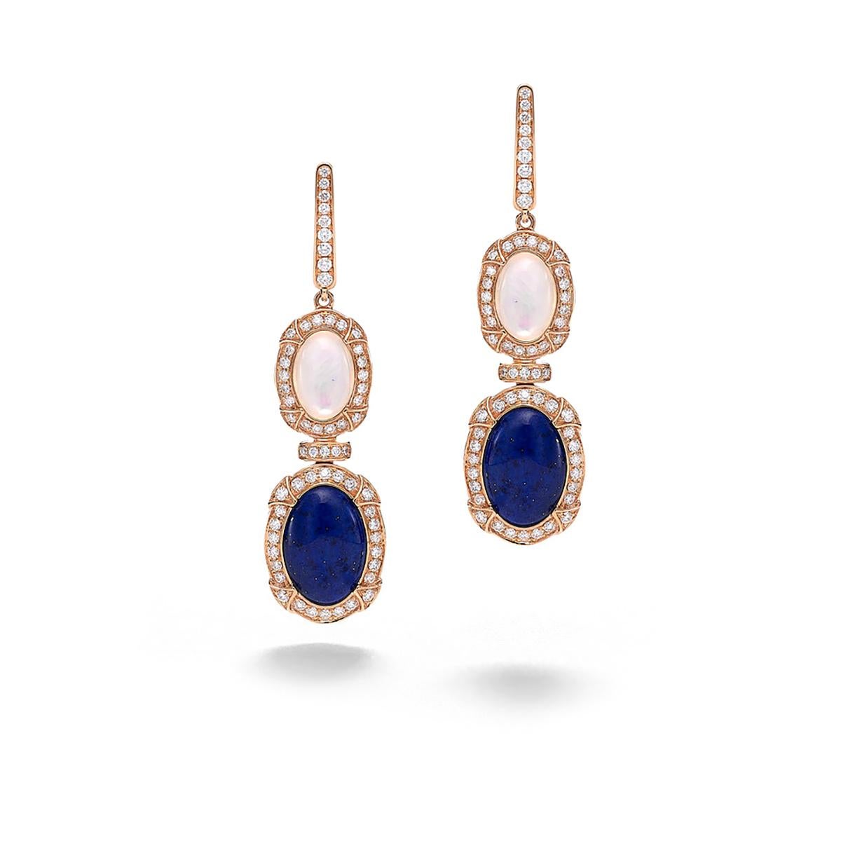 Earrings in 18kt pink gold set with 124 diamonds 1.10 cts, 2 lapis lazuli 3.85 cts and 2 mother-of-pearl 1.84 cts         