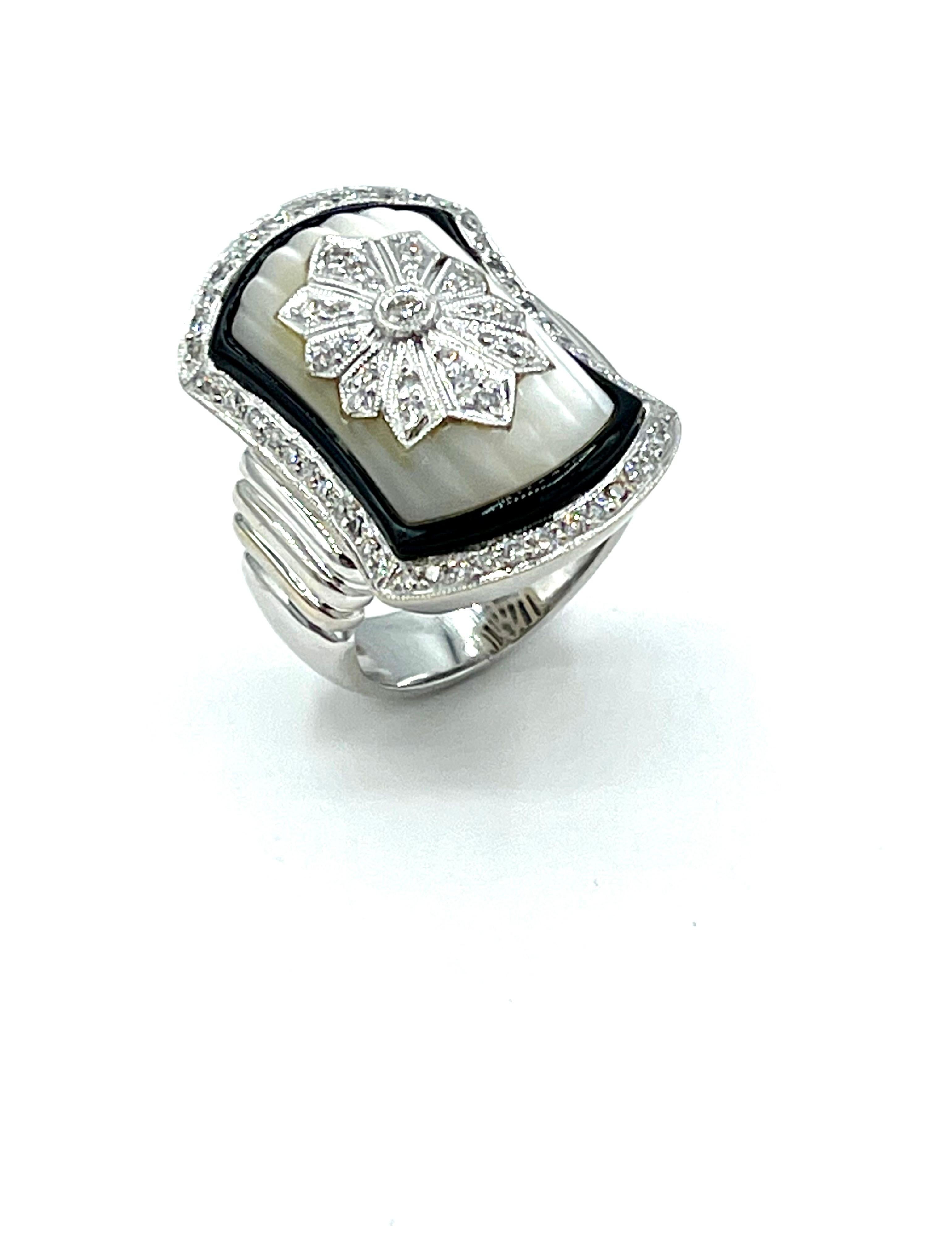 Art Deco Diamond Mother of Pearl and Onyx 18K White Gold Cocktail Ring For Sale