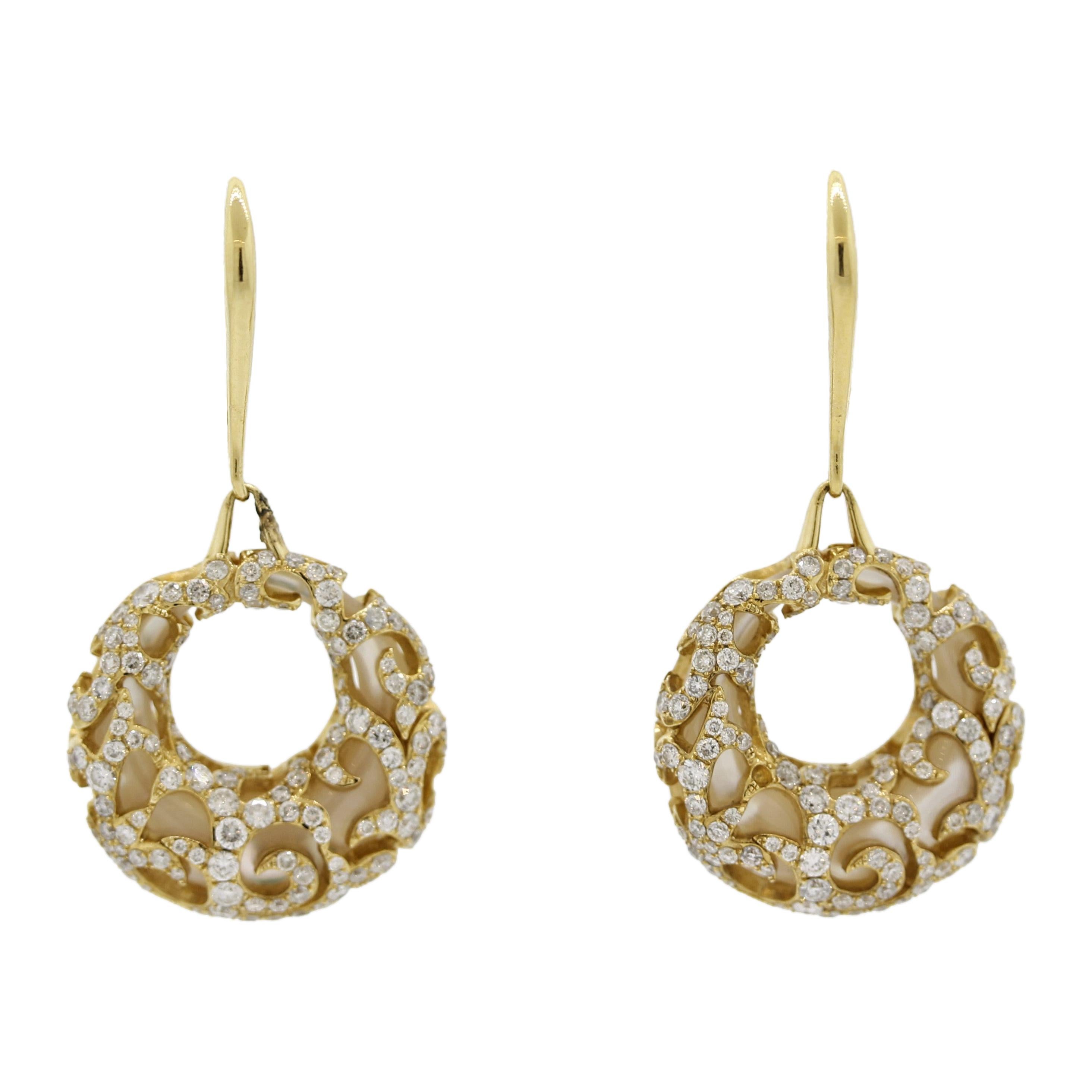 Diamond Mother-of-Pearl Gold Hoop Drop Earrings For Sale