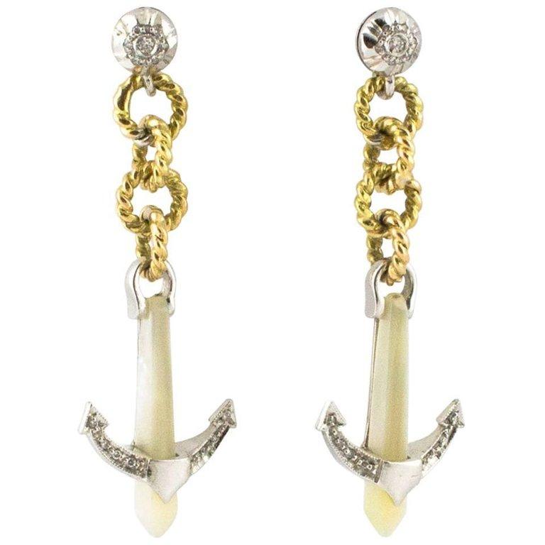 Anker-Ohrringe aus Roségold mit Diamanten und Perlmutt im Angebot bei  1stDibs