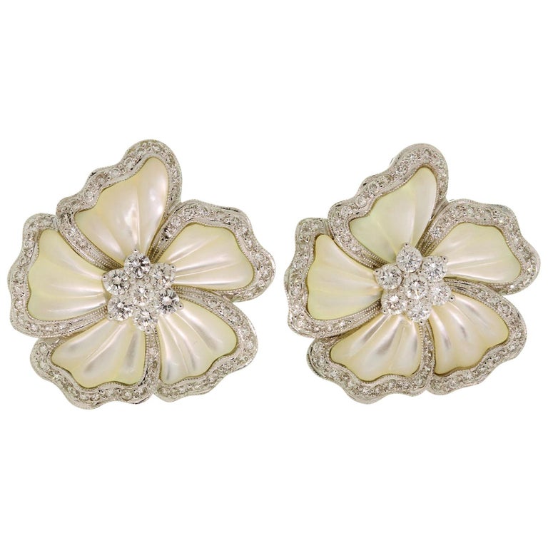 Diamond Mother of Pearl White Gold Flower Earrings For Sale at 1stDibs |  mother of pearl earrings