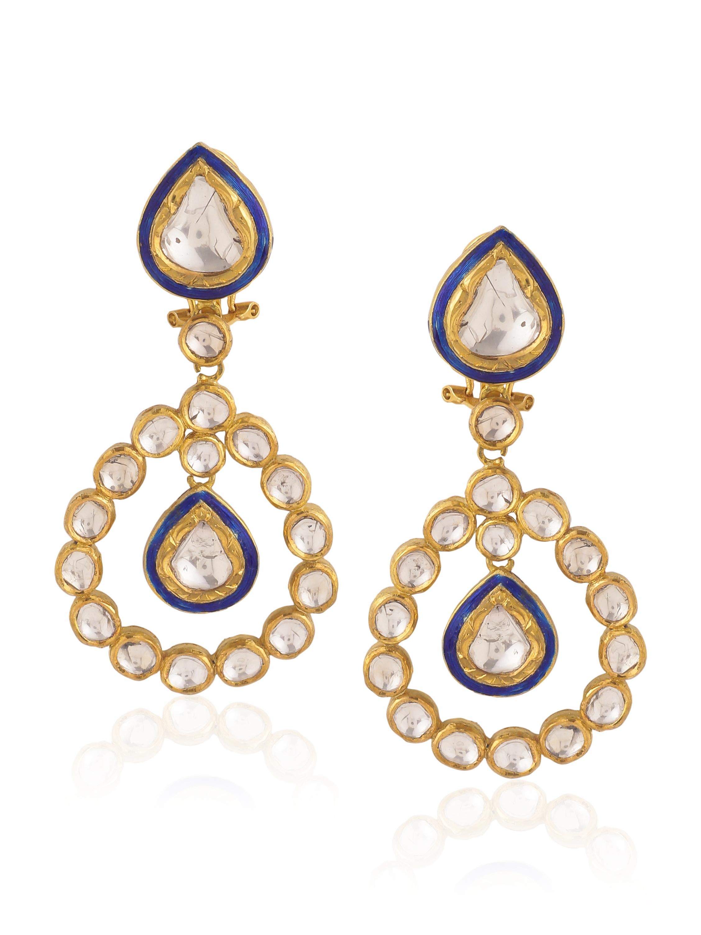 Art Deco Diamond Mughal Earring with Blue Enamel Handcrafted in 18K Gold
