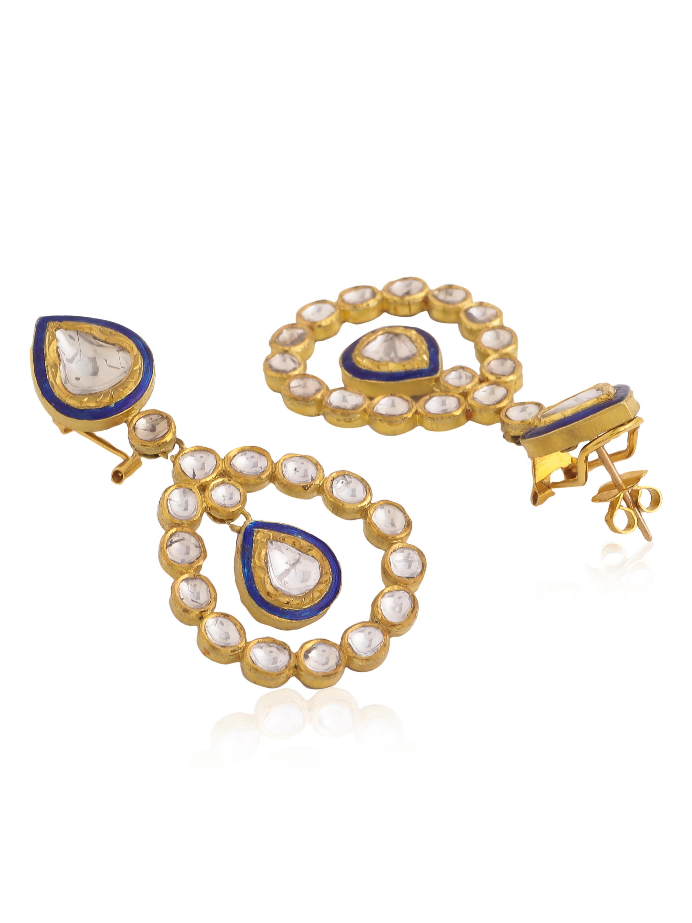 Uncut Diamond Mughal Earring with Blue Enamel Handcrafted in 18K Gold