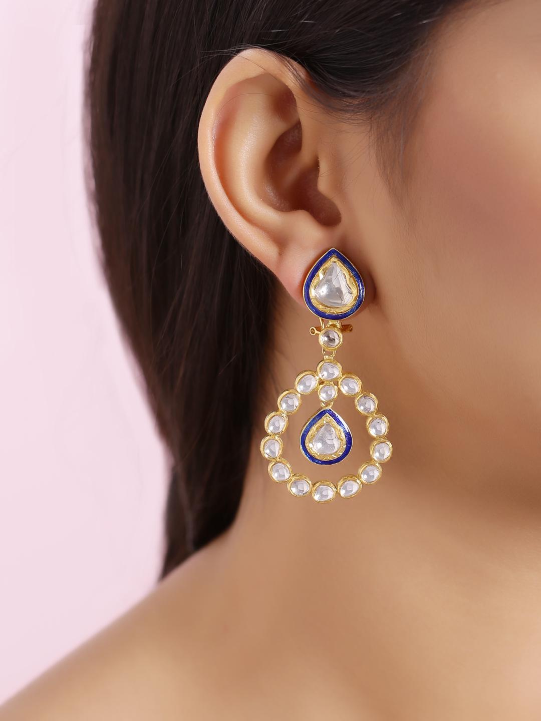 Diamond Mughal Earring with Blue Enamel Handcrafted in 18K Gold In New Condition In Jaipur, IN