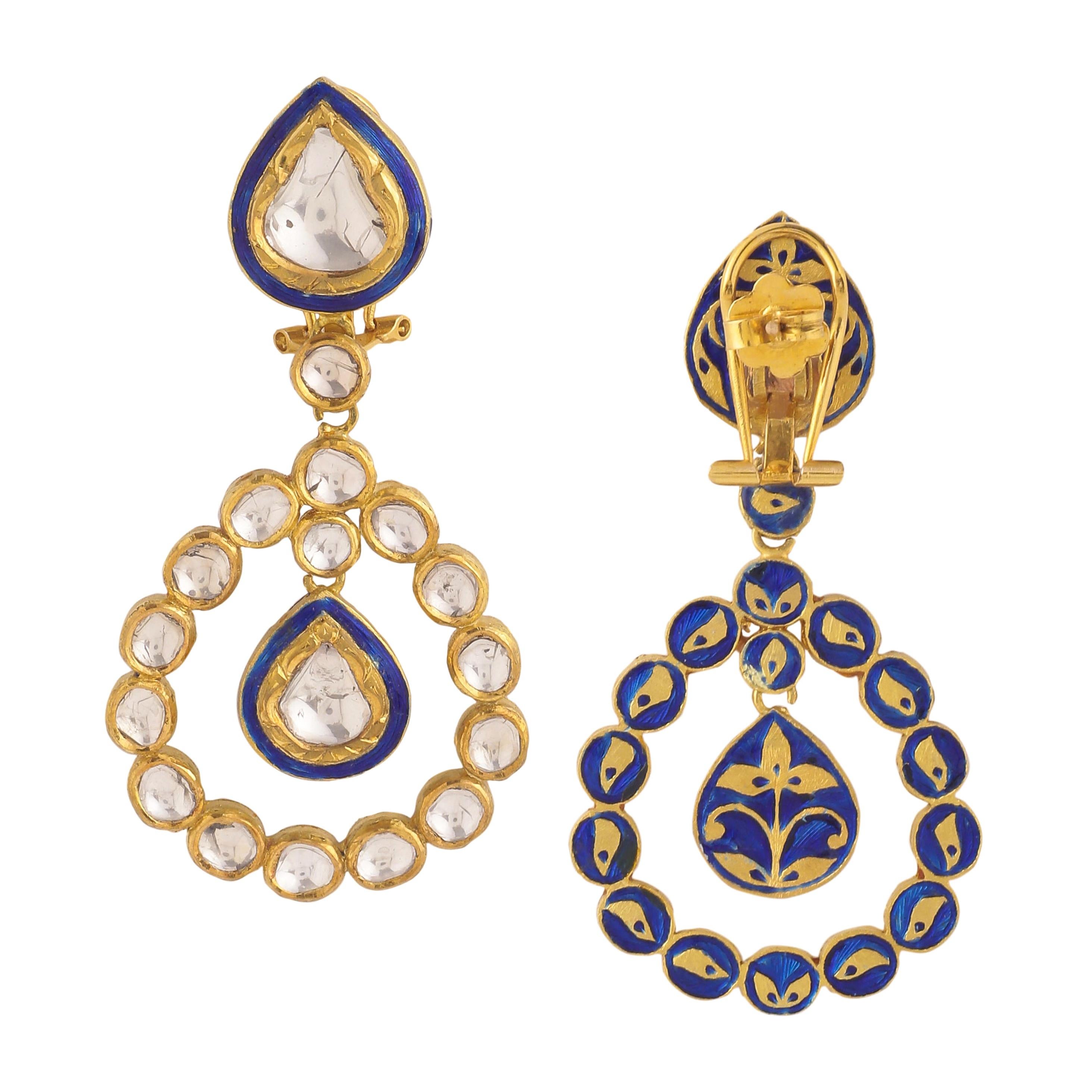 Diamond Mughal Earring with Blue Enamel Handcrafted in 18K Gold