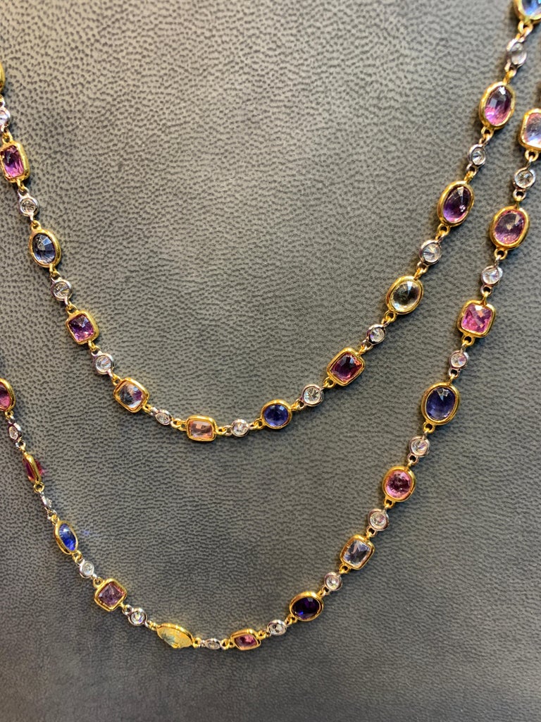Diamond and Multi-Color Sapphire Long Chain Necklace at 1stDibs