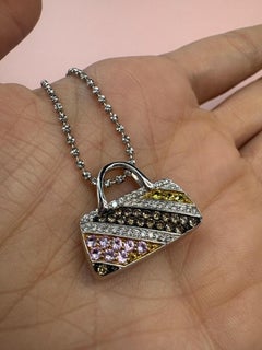 Diamond Multi Colored Sapphire Purse Pendant 18 Karat White Gold 0.95 Carats