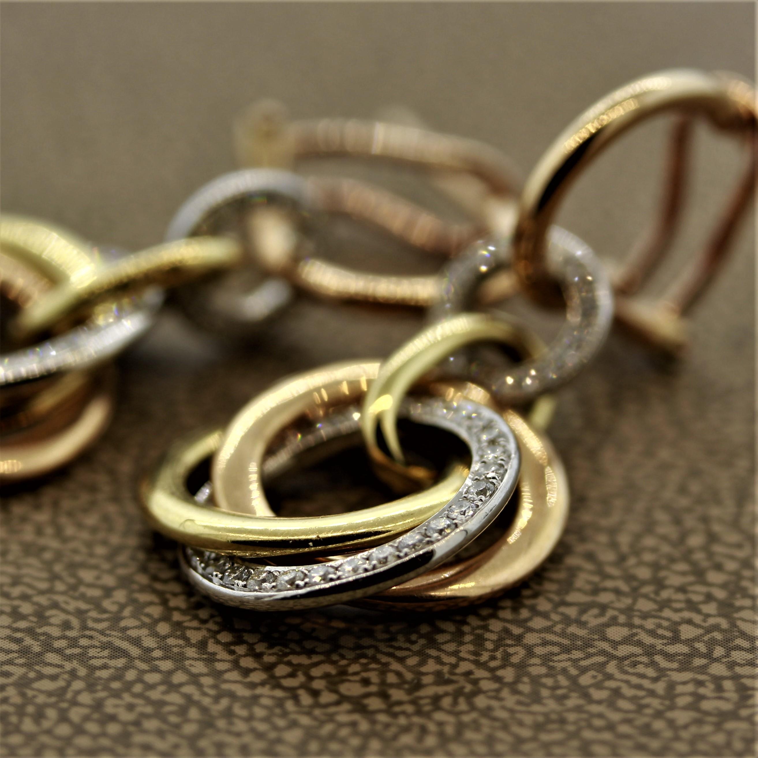 Round Cut Diamond Multi-Hoop Drop Tri-Tone Gold Earrings For Sale