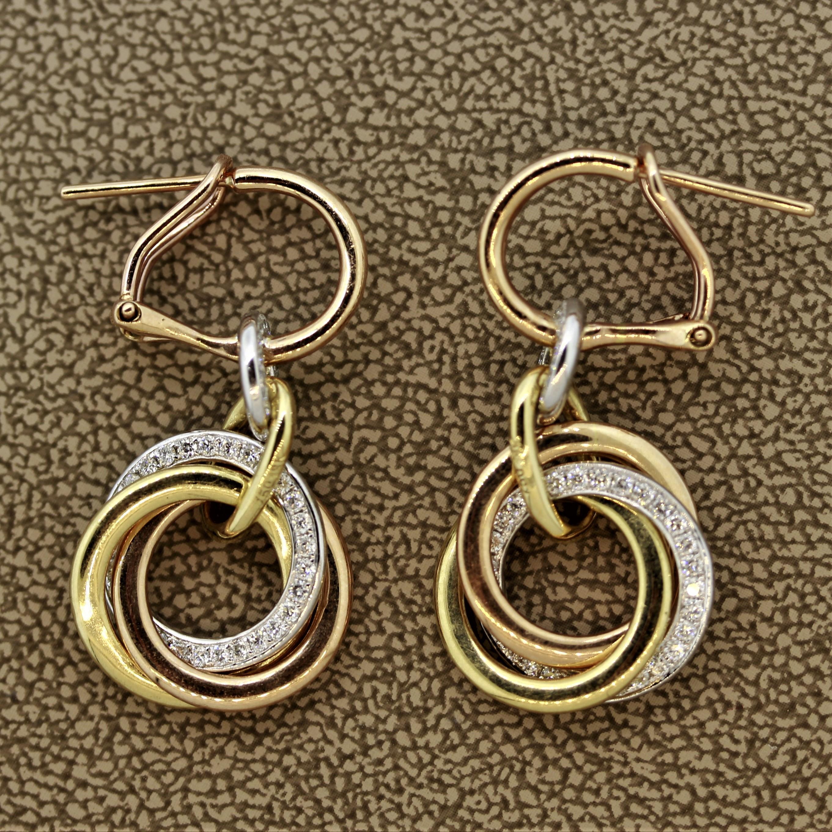 Diamond Multi-Hoop Drop Tri-Tone Gold Earrings In New Condition For Sale In Beverly Hills, CA