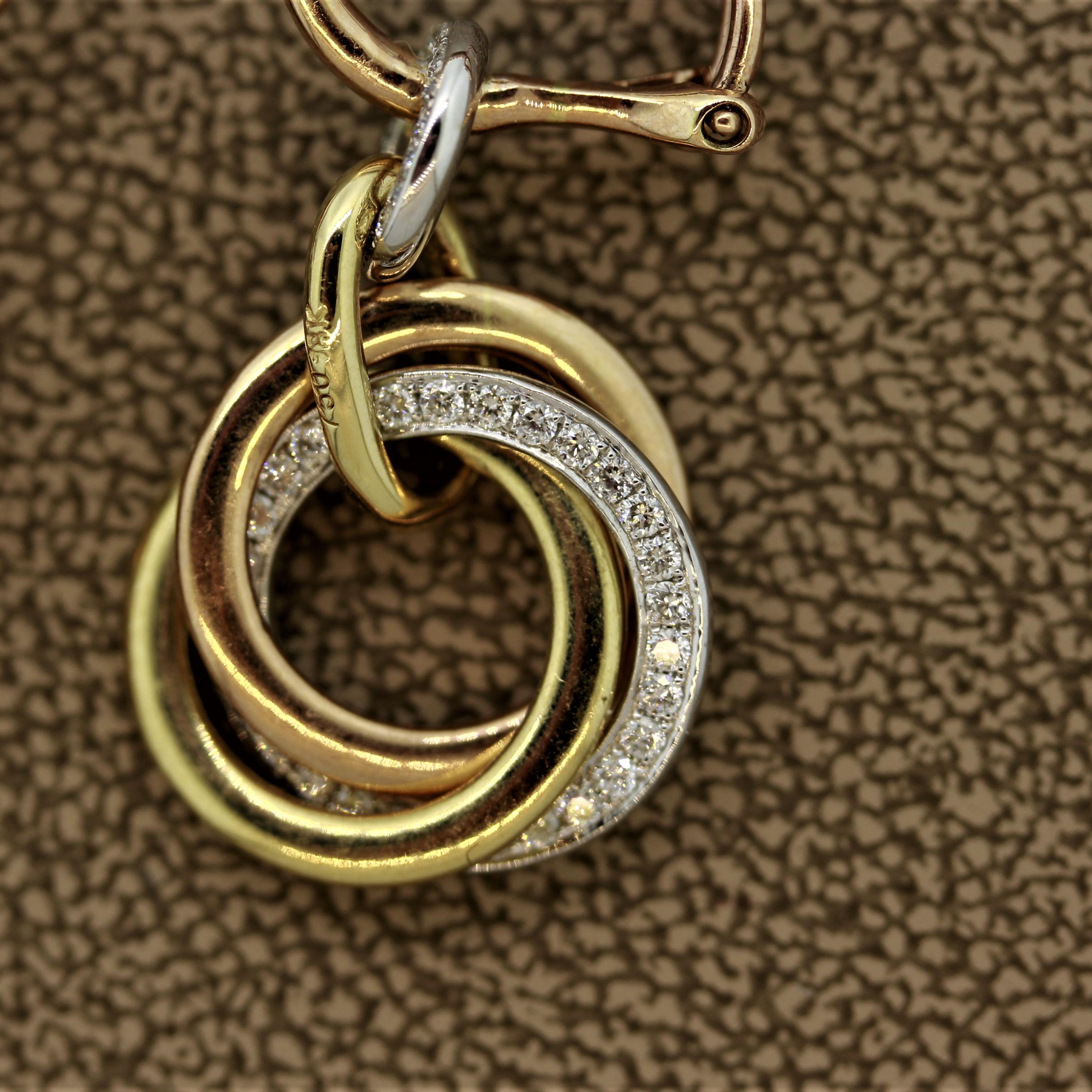 Women's Diamond Multi-Hoop Drop Tri-Tone Gold Earrings For Sale