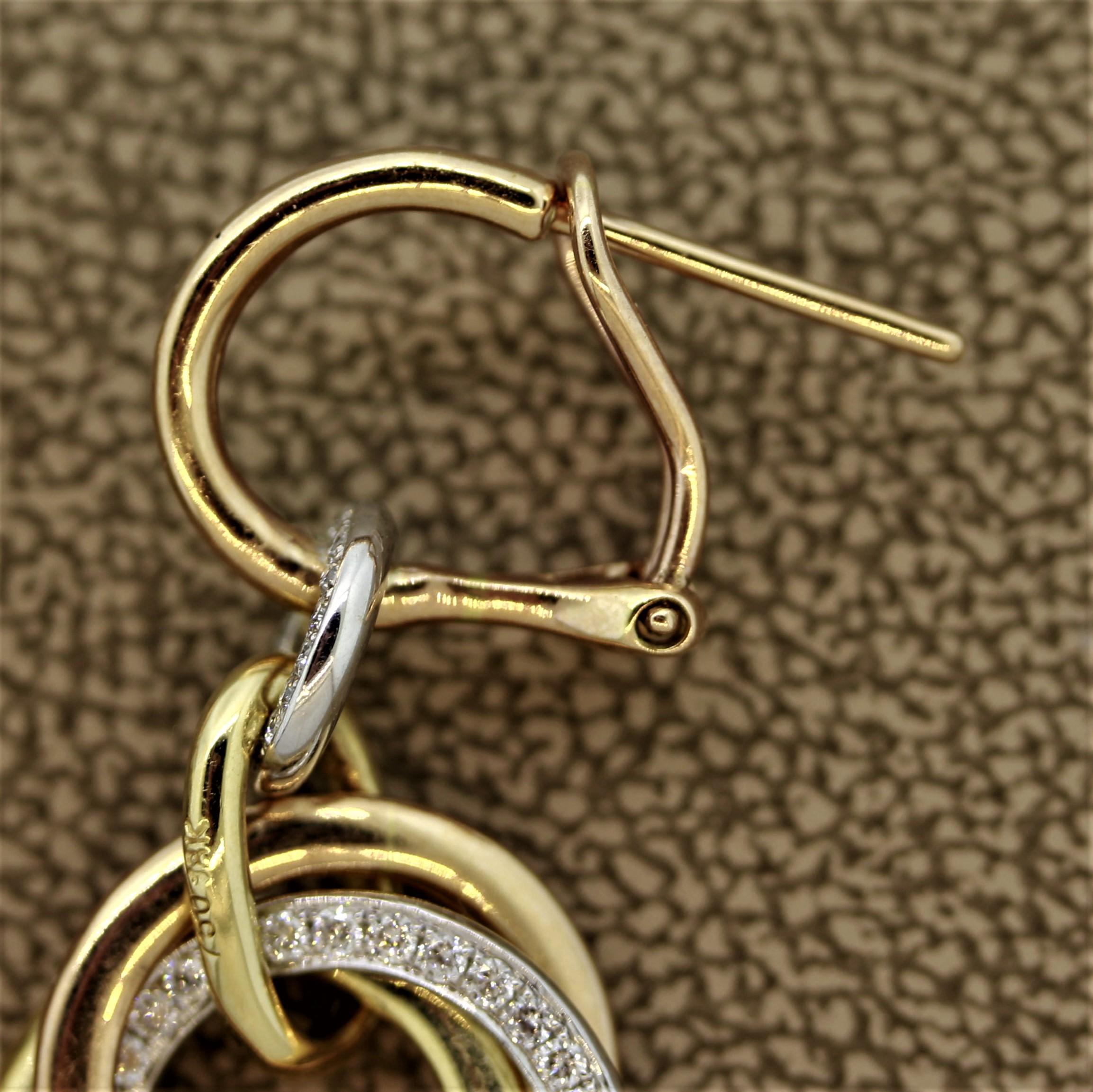 Diamond Multi-Hoop Drop Tri-Tone Gold Earrings For Sale 2