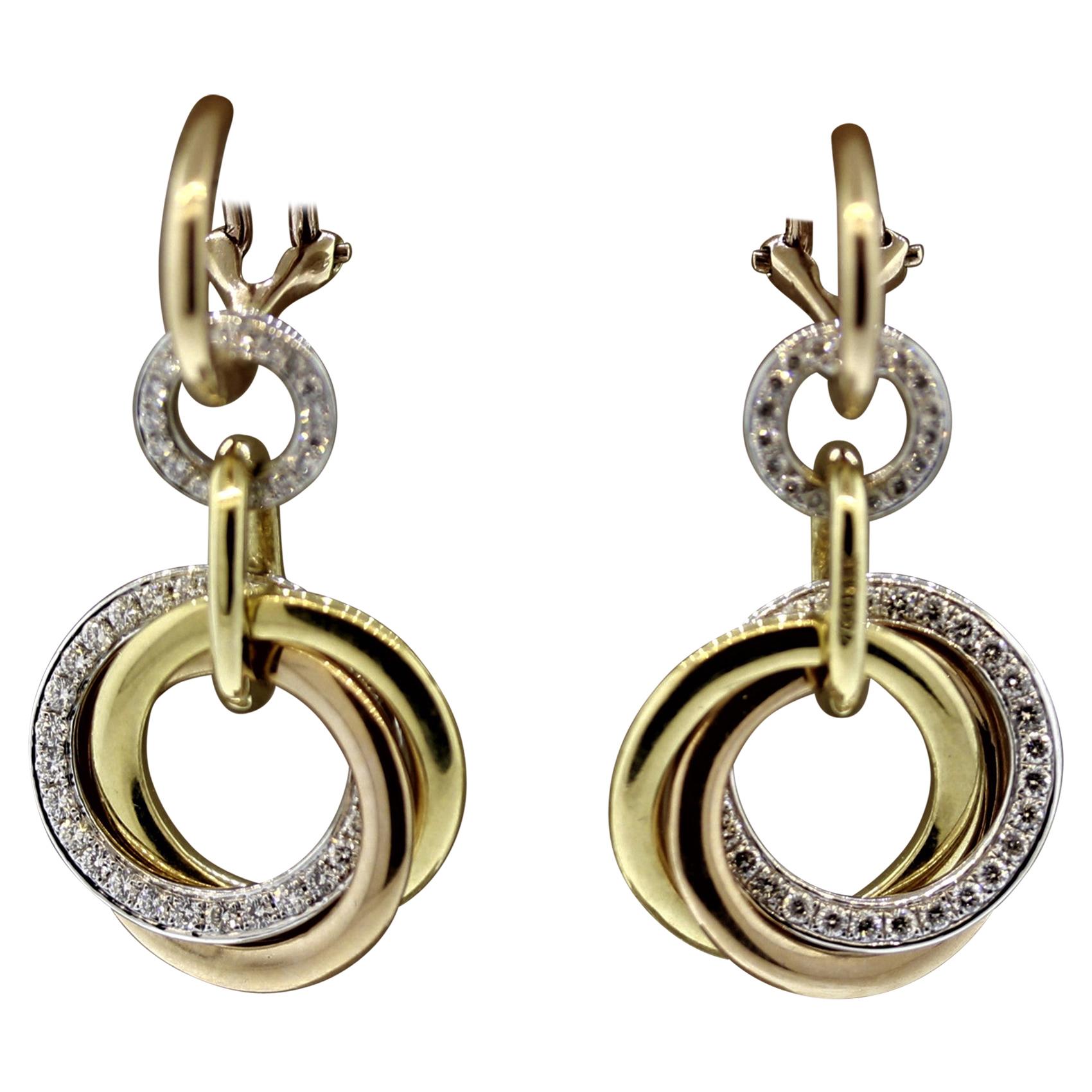 Diamond Multi-Hoop Drop Tri-Tone Gold Earrings