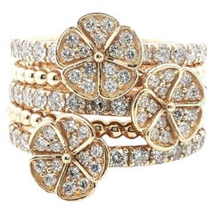 Mehrreihiger Diamantring aus 14 Karat Gelbgold mit Blumenmotiv und breitem Band Modern