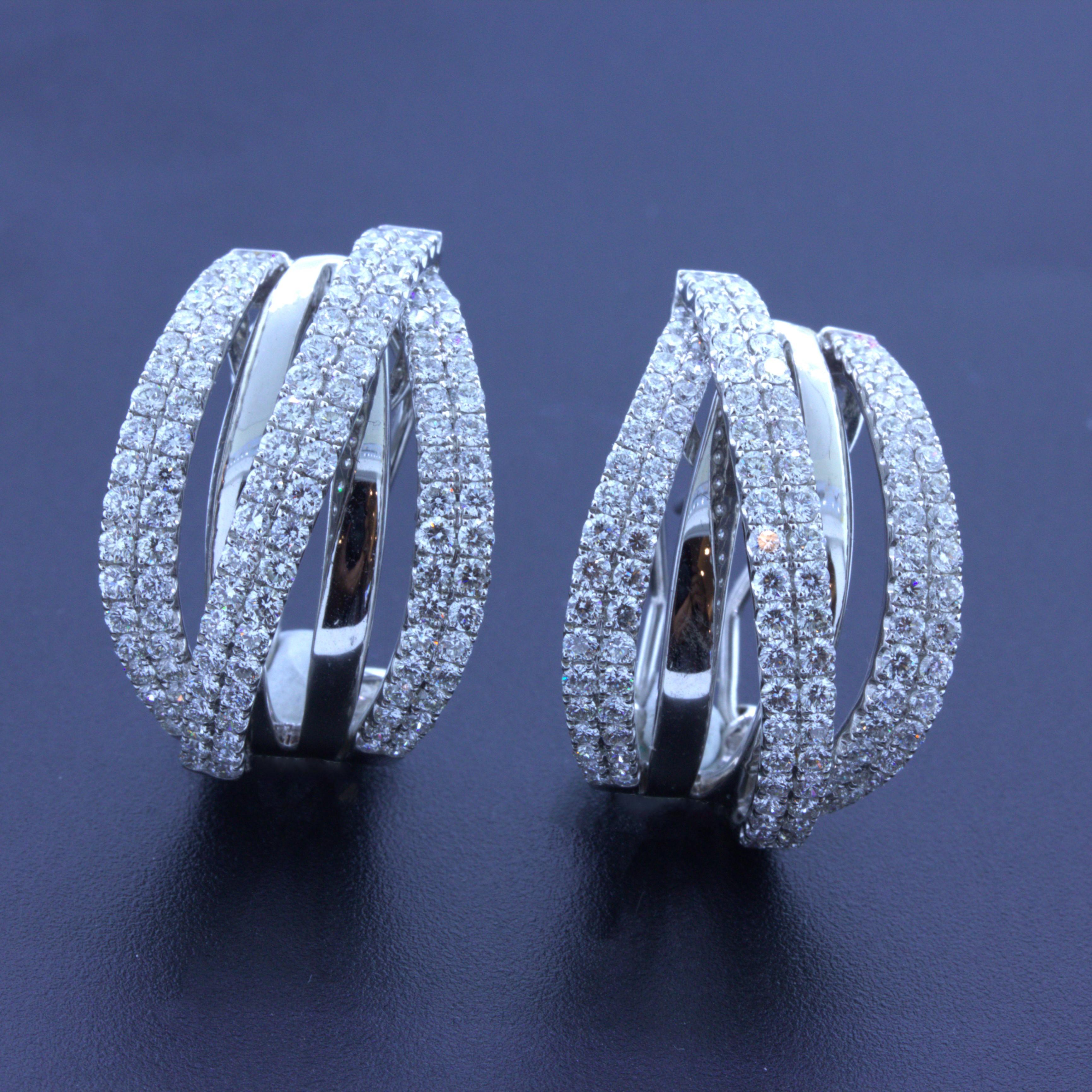 Round Cut Diamond Multi-Row 18k White Gold Huggie Earrings For Sale