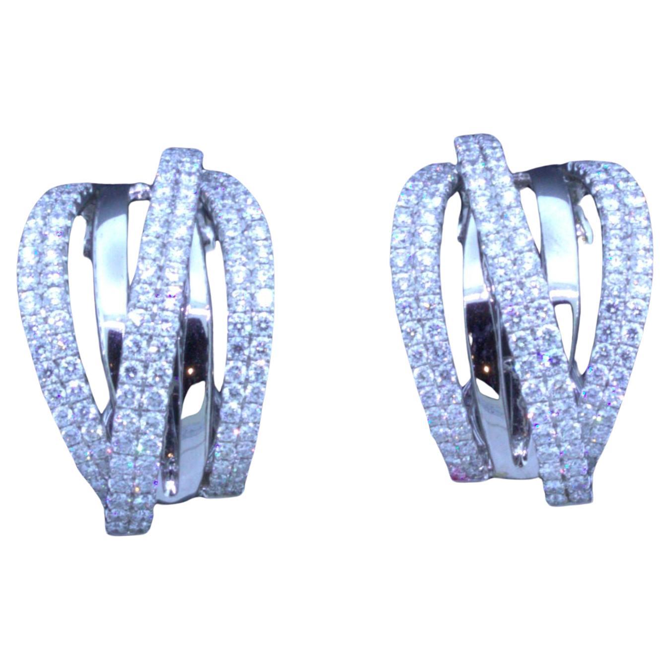 Diamond Multi-Row 18k White Gold Huggie Earrings For Sale