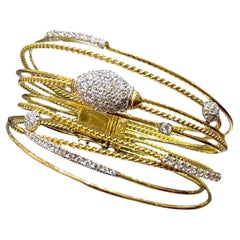 Diamond Multi Row Cable Bangle Bracelet Pave Prong Cable 14K Yellow Gold