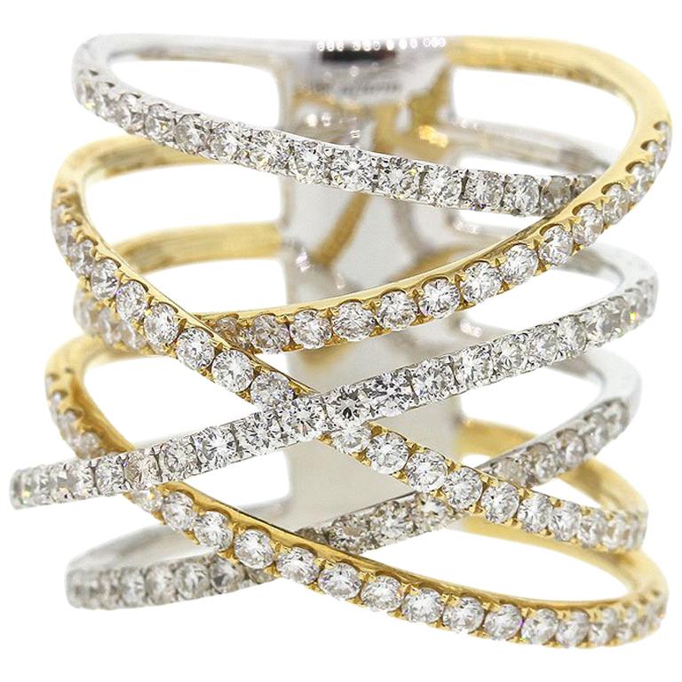 Diamond Multi Row Crossover Ring For Sale at 1stDibs