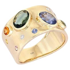 Diamond Multi Sapphire 14K (or 18k upon request) Yellow Gold Cigar Band Ring