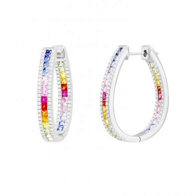 14K White Gold Earrings (Same model different style Earrings Available)
Matching Ring Available. 

Diamond 188-0.92ct-4 / 5A
Blue Sapphire 14-0,91 ct 
Ruby 4-0,26 ct
Pink Sapphire 12-0,78 ct
Yellow Sapphire 10-0,65 ct
Weight 10,38 grams

It is our