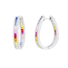 Diamond Multi Sapphire Ruby 14K White Gold Creoles Earrings