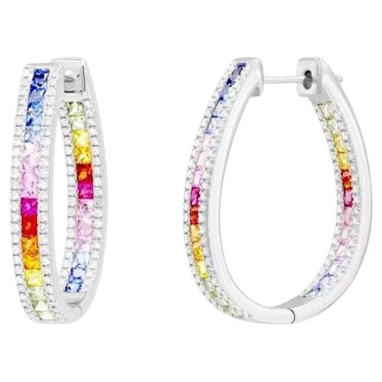 Diamond Multi Sapphire Ruby 14K White Gold Creoles Earrings For Sale