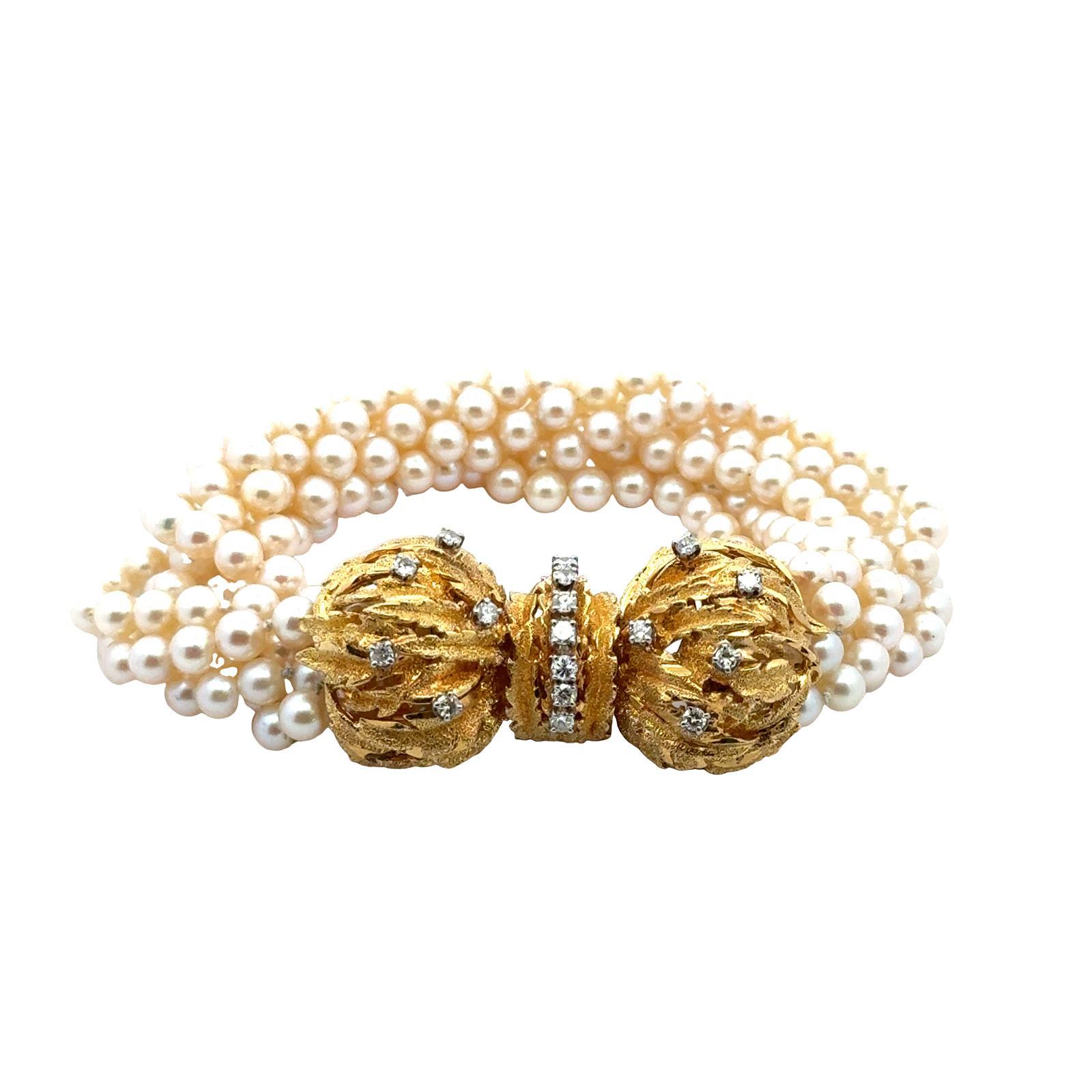 Round Cut Diamond Multi Strand Pearl 18 Karat Yellow Gold Twist Bracelet For Sale