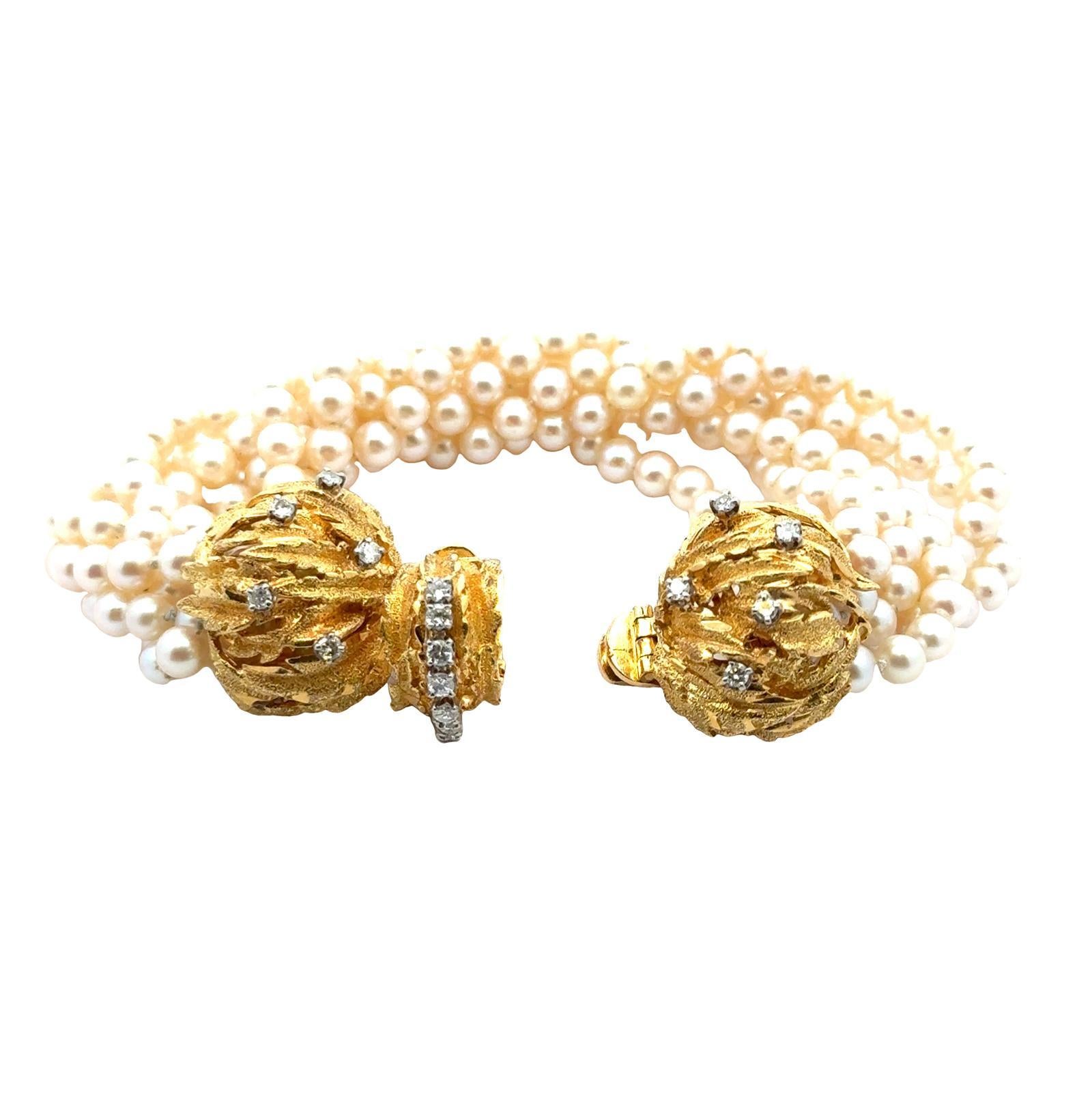 Diamond Multi Strand Pearl 18 Karat Yellow Gold Twist Bracelet In Excellent Condition For Sale In Boca Raton, FL