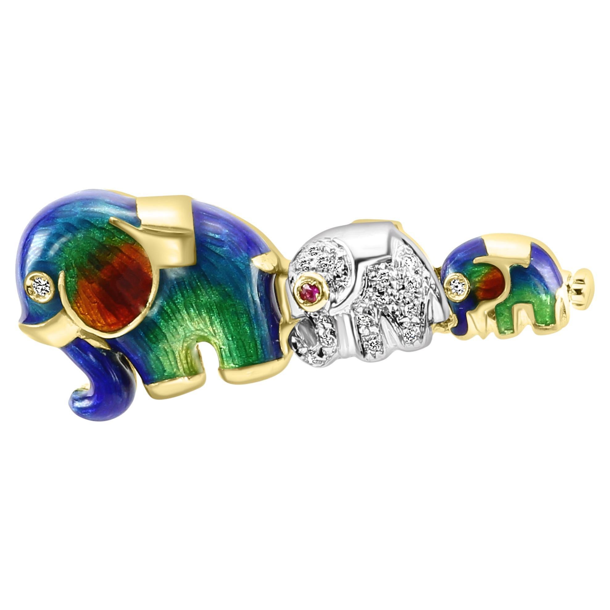 Broche de lujo "Manada de elefantes" de oro de 18 quilates con diamantes, esmalte multicolor y rubíes en venta