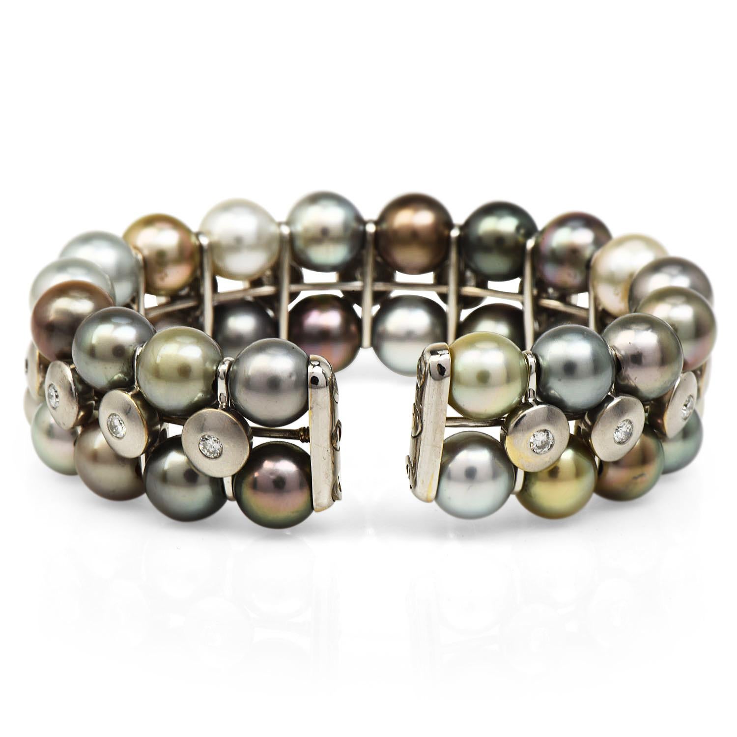 Bead Diamond  Multicolor Tahitian Pearl 18K Gold Wide Cuff Bracelet