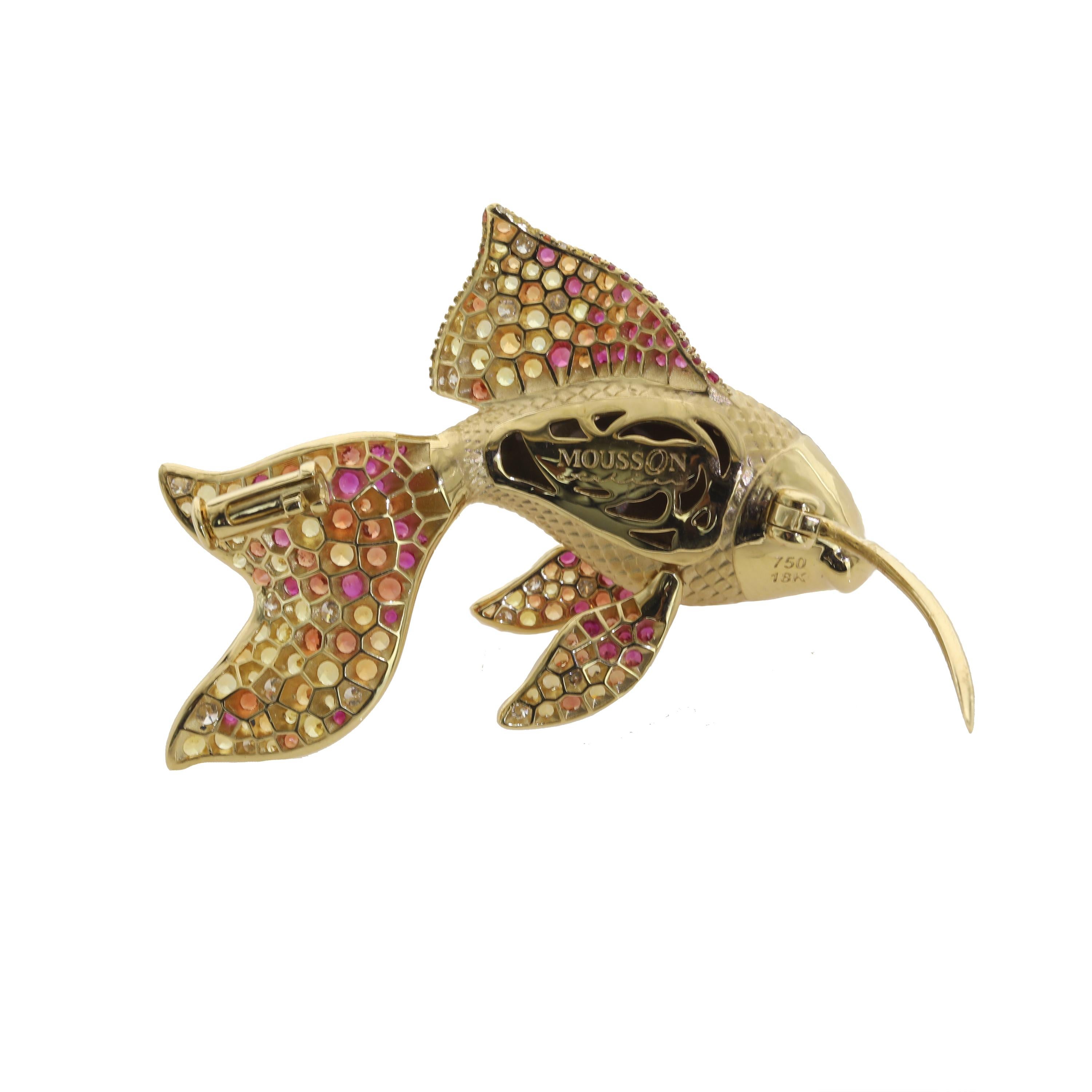 Diamond Multicolored Sapphire 18 Karat Yellow Gold Golden Fish Brooch
The fins are moving.

37.3x26x9 mm
9.58 gm