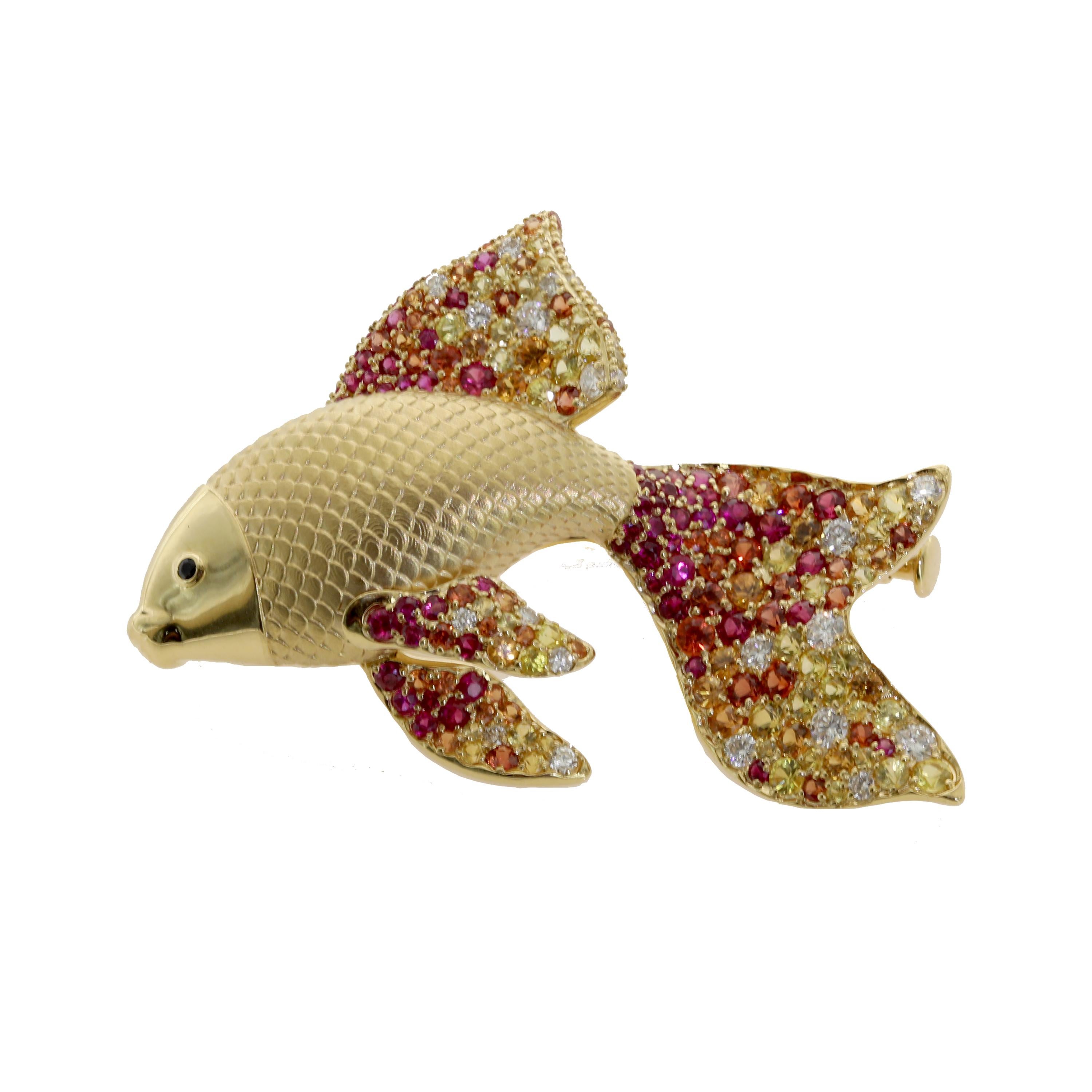 Diamond Multicolored Sapphire 18 Karat Yellow Gold Golden Fish Brooch