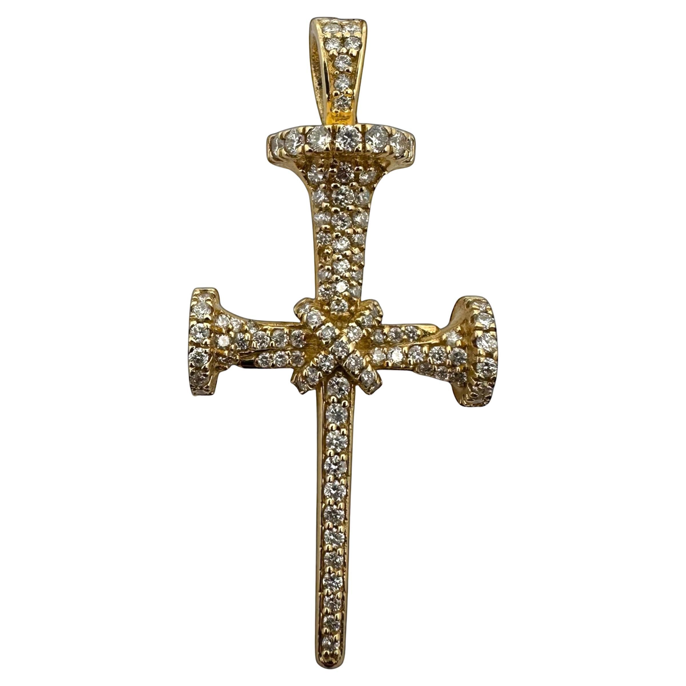 Diamond Nail Cross Three Dimensional  14K Yellow Solid Gold Pendant