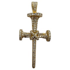 Diamond Nail Cross Three Dimensional  14K Yellow Solid Gold Pendant