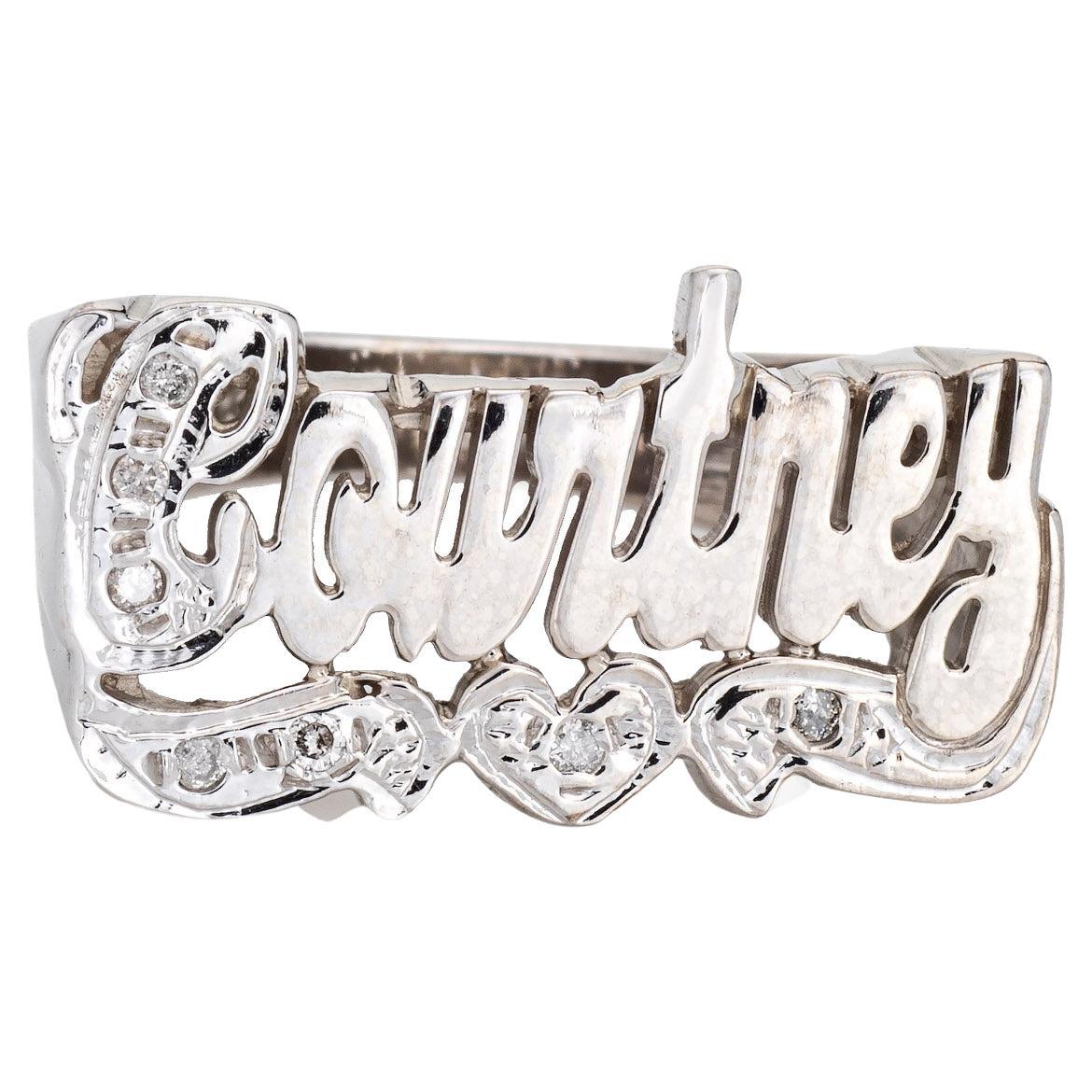 Diamond Name Ring Courtney Script Plate Vintage Band 14k White Gold For Sale