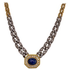 Diamond Natural Blue Cabochon Sapphire 18 Karat Two-Tone Pendant Link Necklace