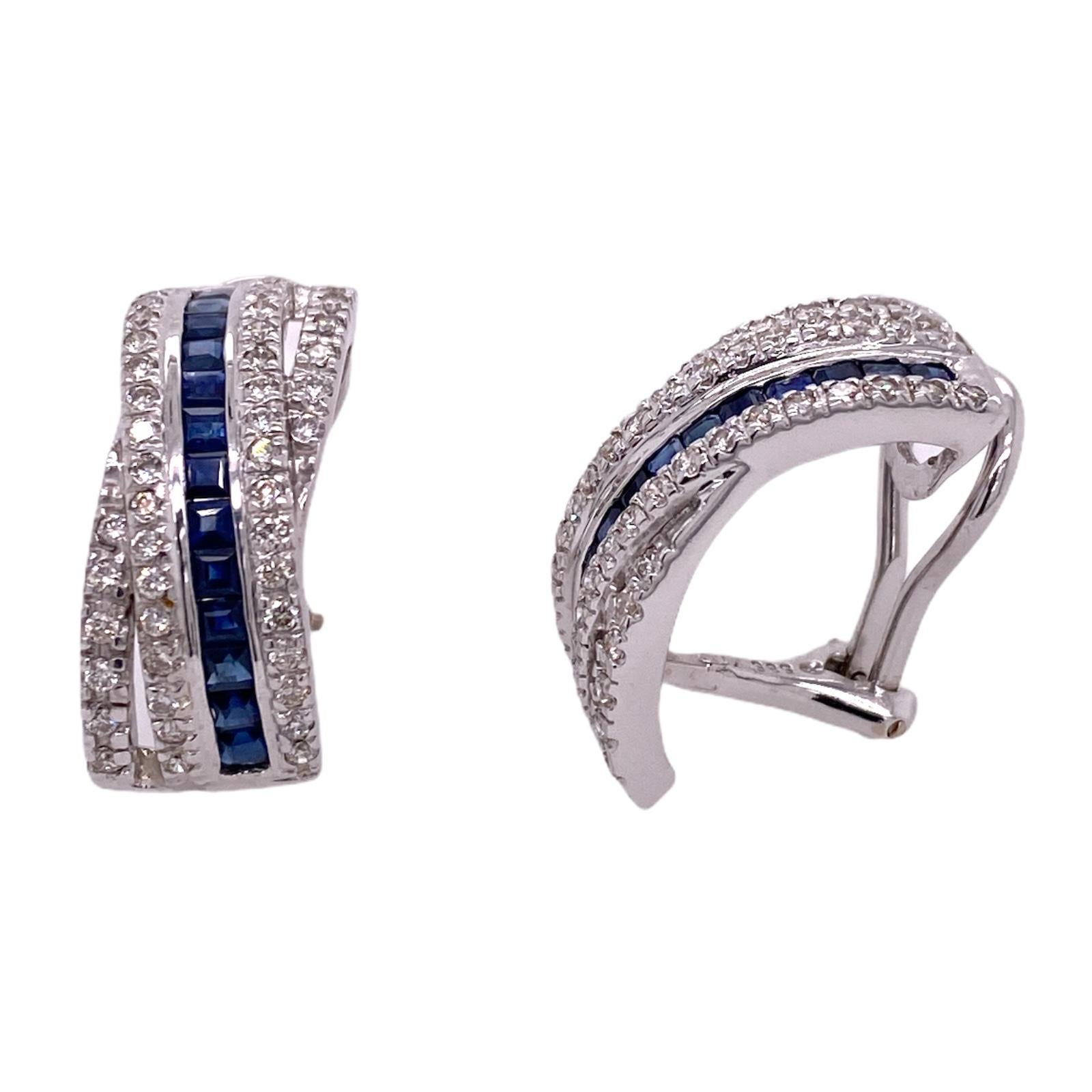 Modern Diamond Natural Blue Sapphire 14 Karat White Gold Leverback Earrings