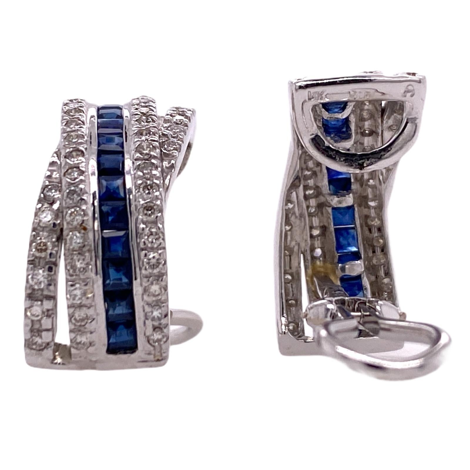 Round Cut Diamond Natural Blue Sapphire 14 Karat White Gold Leverback Earrings