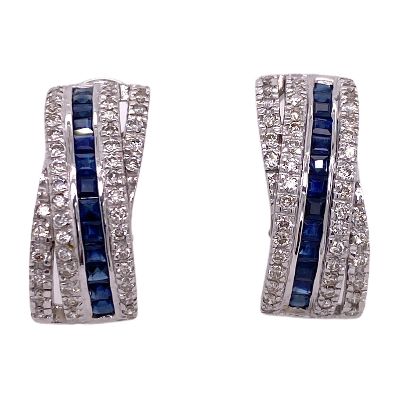 Diamond Natural Blue Sapphire 14 Karat White Gold Leverback Earrings