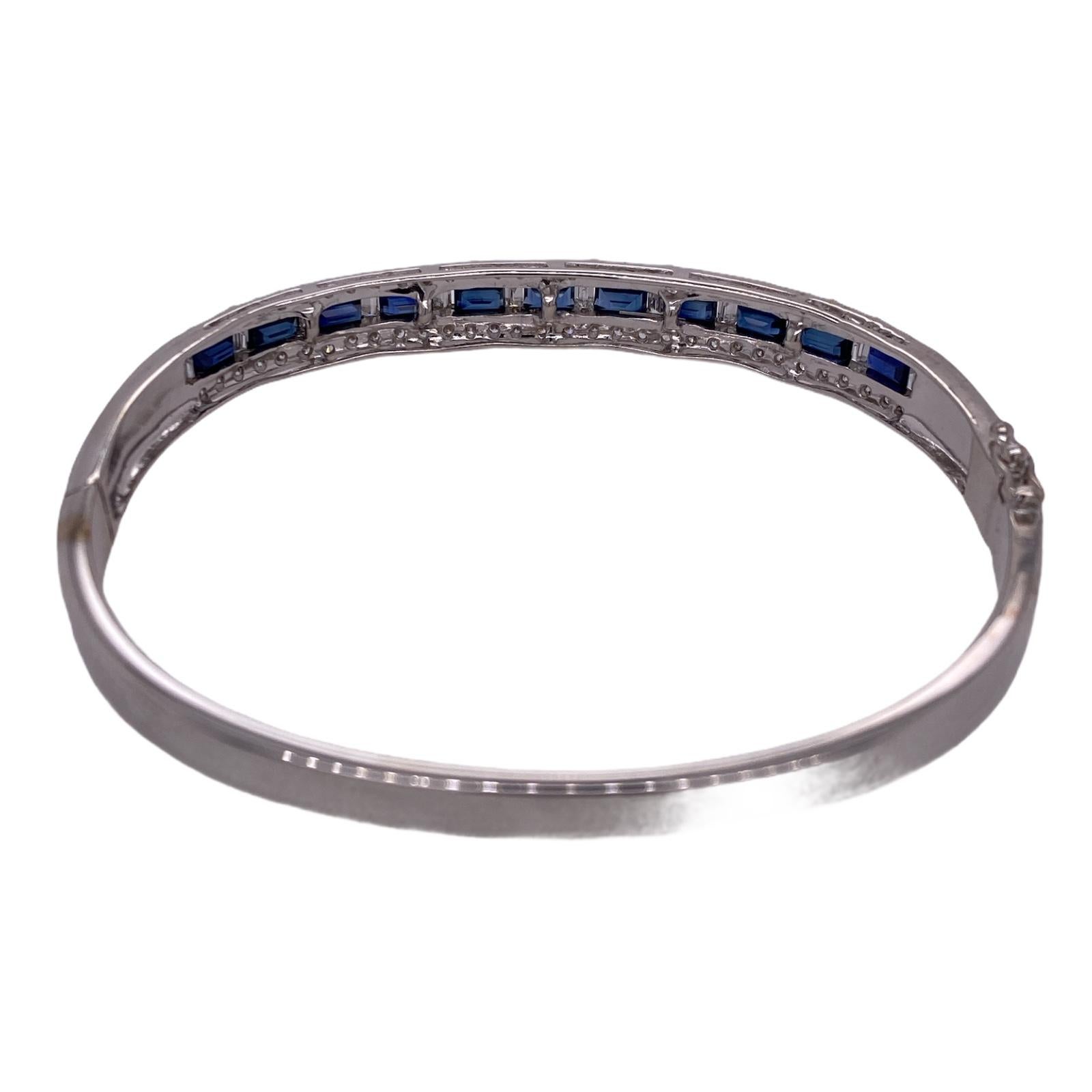 Women's Diamond Natural Blue Sapphire 18 Karat White Gold Hinged Bangle Bracelet