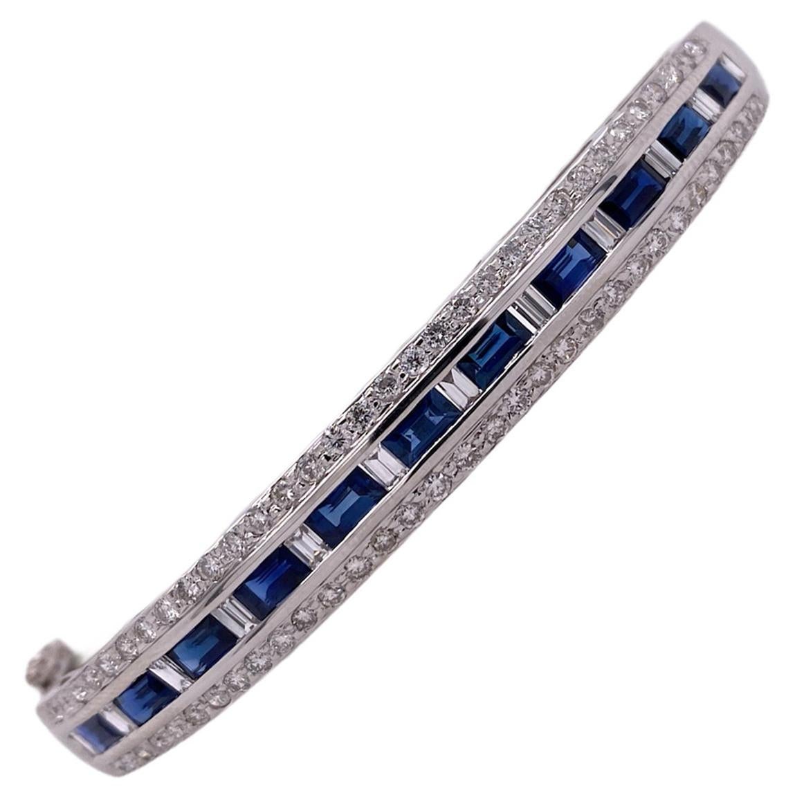 Diamond Natural Blue Sapphire 18 Karat White Gold Hinged Bangle Bracelet