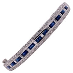 Diamond Natural Blue Sapphire 18 Karat White Gold Hinged Bangle Bracelet