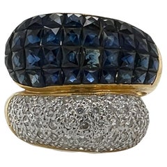 Diamond Natural Blue Sapphire 18 Karat Yellow Gold Vintage Bypass Ring 