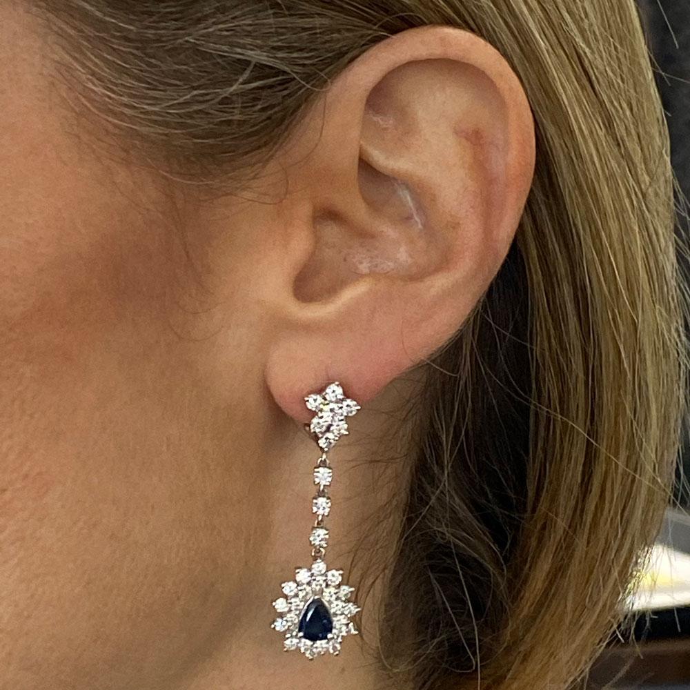 Round Cut Diamond Natural Blue Sapphire Drop Earrings 18 Karat White Gold