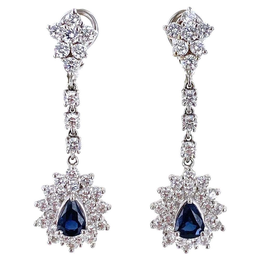 Diamond Natural Blue Sapphire Drop Earrings 18 Karat White Gold