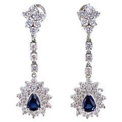 Diamond Natural Blue Sapphire Drop Earrings 18 Karat White Gold