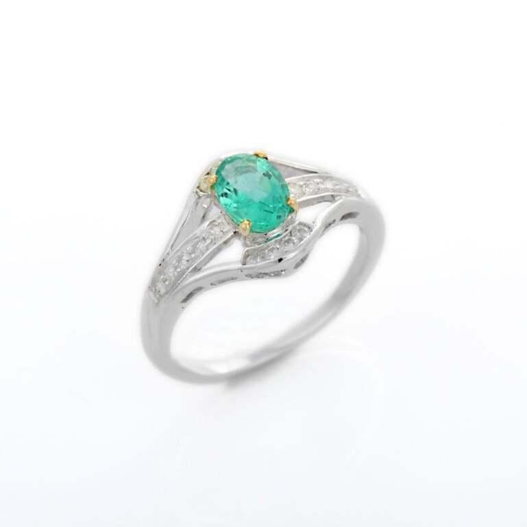 Im Angebot: Diamant Natürlicher Smaragd Damen Ehering aus 18 Karat massivem Weißgold mit Diamant () 7