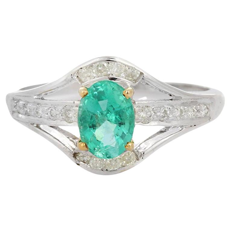Diamond Natural Emerald Women Wedding Ring in 18k Solid White Gold